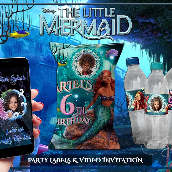 Little Mermaid Birthday Party Bundle Customized Labels with Picture and  Birthday Video Invitation