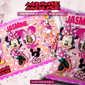 Minnie Mouse Birthday Chip Bag Labels: Pink Party Favors (Digital Download)