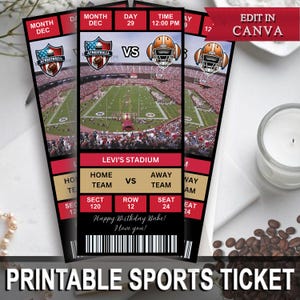 Puede incluir: Plantilla de boleto deportivo imprimible con un esquema de color rojo, blanco y negro. El boleto presenta un campo de f&uacute;tbol con jugadores, un casco de f&uacute;tbol y el texto "Levi's Stadium".