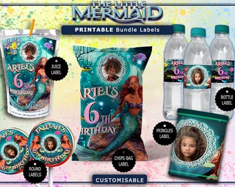Étiquettes personnalisées avec image pour fête d'anniversaire de la petite sirène
