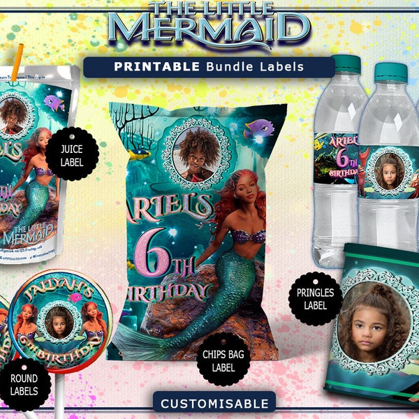 Étiquettes personnalisées avec image pour fête d'anniversaire de la petite sirène