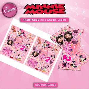 Pink Minnie Mouse Rice Krispie Label, Minnie Mouse Birthday Labels, Pink Party Favors, Minnie Mouse Birthday Party Favors