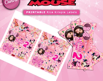 Etiquetas de Rice Krispies de Minnie Mouse rosa: Recuerdos de fiesta de cumpleaños (Plantilla de Canva)