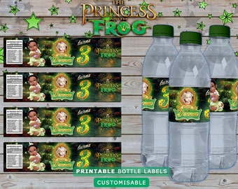 Puede incluir: Etiquetas imprimibles para botellas de agua con una rana verde, una princesa y el texto "La Princesa y la Rana" y "cumple 3". Las etiquetas están diseñadas para una fiesta de cumpleaños.
