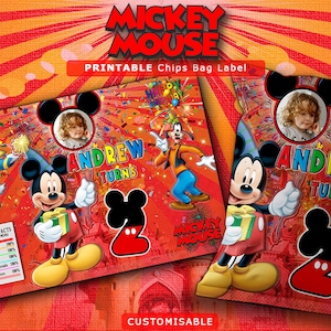 Kids Birthday chips bag labels printable, Mickey printable chip bag labels with picture