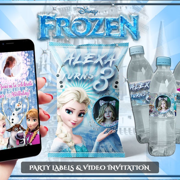 Frozen Birthday Party Bundle Customized Labels with Picture and  Birthday Video Invitation