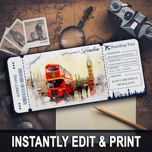 Bilhete-presente para viagem surpresa para LONDRES para impressão. Cartão de embarque. Bilhete para impressão. Bilhete de viagem. Bilhete de férias. Download instantâneo editável do Canva