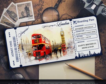 Printable LONDON Surprise Trip Gift Ticket. Boarding Pass. Printable Ticket. Trip Ticket. Vacation Ticket. Editable Canva Instant Download