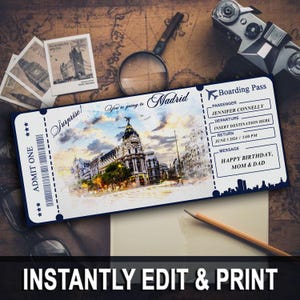 Entradas para el viaje sorpresa a Madrid, plantilla de entrada sorpresa a Madrid para imprimir, plantilla de entrada editable en Canva, archivo Canva de descarga instantánea