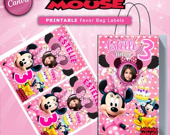 Etiquetas para bolsas de regalo de Minnie Mouse rosa: Fiesta de cumpleaños (Plantilla de Canva)