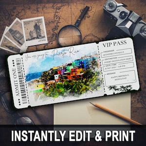 Watercolor Puerto Rico Surprise Trip Ticket: Editable Boarding Pass (Digital Download)
