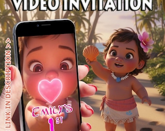 Invitation vidéo d'anniversaire de bébé Moana : animation de fête (téléchargement numérique MP4)
