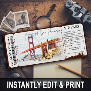 Druckbare Aquarell SAN FRANCISCO Überraschungskarte. Bordkarte. Druckbares Ticket. Fahrtkarte. Urlaubsticket Download