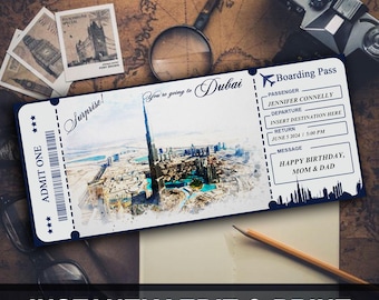 DUBAI surprise boarding pass travel ticket, Souvenir plane ticket, Gift travel ticket fake digital, editable instant download Canva files