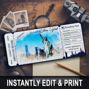 New York Surprise Holiday Boarding Pass, biglietto stampabile Boarding Pass, biglietto viaggio vacanze, PDF modificabile download immediato