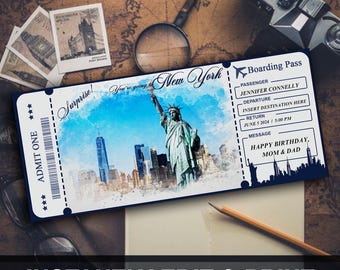 New York Surprise Holiday Boarding Pass, Boarding Pass Printable Ticket, Vacation Trip Ticket, Editable PDF Instant Download