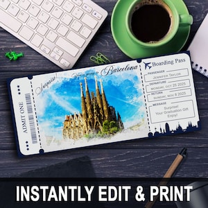 Barcelona Spain Surprise Trip Ticket, Vacation Tickets Instant Download, Boarding Pass, Printable Trip Ticket Surprise, Trip Reveal