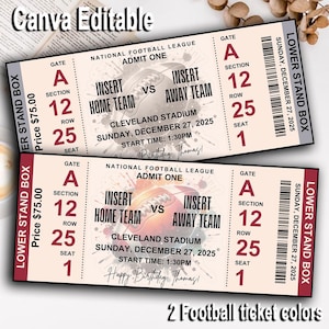Football Ticket Birthday Gift Surprise, Sports Ticket Style, CANVA Editable American Football Ticket Game, Any Age Football Souvenir Gift