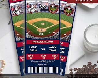 Entrada para partido de béisbol, entrada navideña, entrada imprimible, entrada editable, entrada deportiva personalizable y personalizable de Canva.