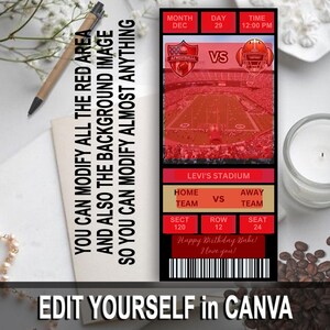 Puede incluir: Una plantilla de boleto de f&uacute;tbol imprimible en rojo y negro con el texto "MONTH DAY TIME" y "DEC 29 12:00 PM". El boleto tambi&eacute;n tiene el texto "AFMEOTBALLL VS LEVI'S STADIUM HOME TEAM VS AWAY TEAM SECT 120 ROW 12 SEAT 24 Happy Birthday Babe! I love you!" y un c&oacute;digo de barras.