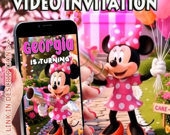 Invitation vidéo d'anniversaire Minnie Mouse • Invitation numérique personnalisée • Fête Minnie rose