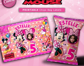 Etiquetas rosas para bolsas de papas fritas de Minnie Mouse: recuerdos de fiesta de cumpleaños (plantilla de Canva)