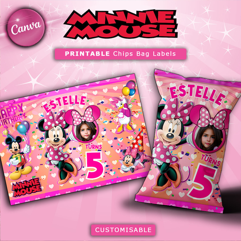 May include: Printable Minnie Mouse chip bag labels. The design features Minnie Mouse, the text "ESTELLE TURNS 5", and a photo of a child. The labels are pink with confetti and heart accents. The words "PRINTABLE Chips Bag Labels" and "CUSTOMISABLE" are also visible.