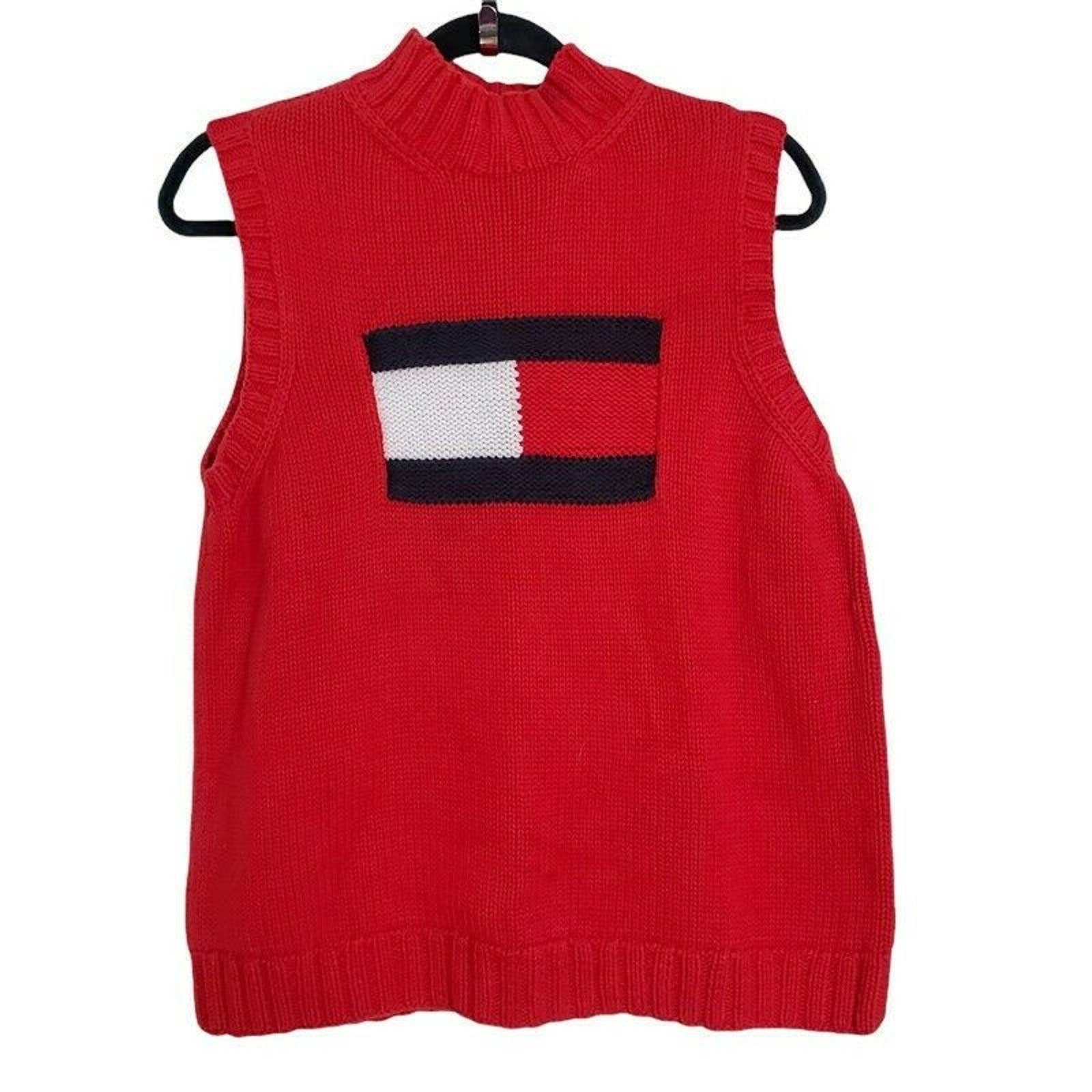 Tommy Hilfiger Sweater Vest Vtg 90s Red Cable Knit -