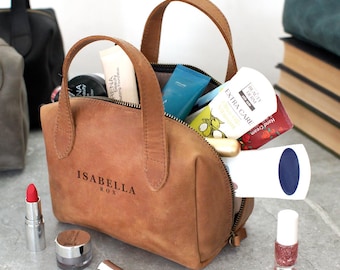 Leather Toiletry Bag for Women, Top Handle Vanity Case Personalized, Custom Travel Cosmetic Pouch, Gift for Wife Mom, Birthday Gifts for Her