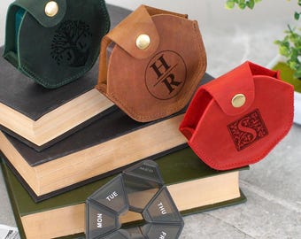 Weekly Pill Container with Monogrammed Leather Cover, Personalized Travel Medication Box, Unique Gift for Travelers Nurses Elderly