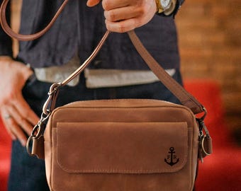 Mens Leather Sling Bag Personalized, Custom Crossbody Bag, Engraved Name Fanny Pack