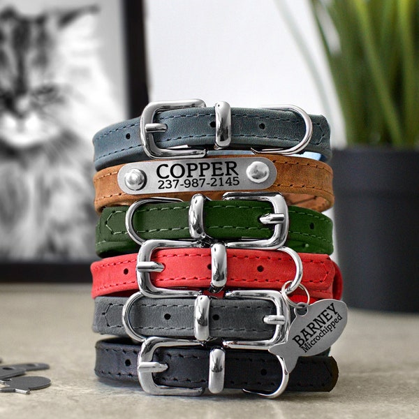 Customized Leather Cat Collar, Personalized Soft Padded Leather Pet Collars for Kittens, Boy Cat Collar, Girl Cat Collar