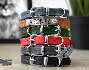 Customized Leather Cat Collar, Personalized Soft Padded Leather Pet Collars for Kittens, Boy Cat Collar, Girl Cat Collar