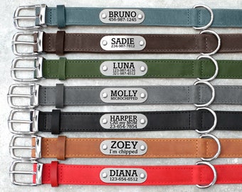 Custom Dog Collar Leather, Personalized Dog Collar with Engraved Name ID Tag, Adjustable Leather Pet Collars for Dogs, Customized Pet Collar