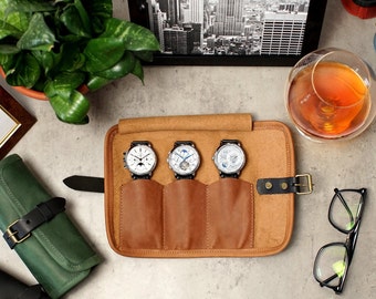 Personalisierte Uhrenrolle aus Leder, Reise-Uhrenrolle mit 3 Fächern, Uhrentasche mit Monogramm, gerollte Uhrenaufbewahrung mit individueller Gravur