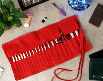 Portable Makeup Brush Organizer, Roll Leather Cosmetic Brushes Holder, Personalized Makeup Brush Bag for Makeup Artist Gift, Cosmetics Case