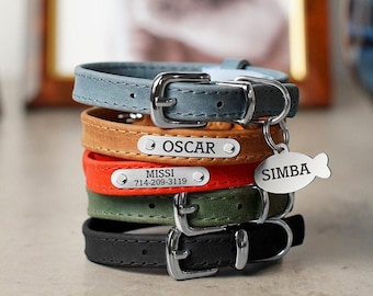 Cat Collar Leather, Personalized Pet Collars for Cats, Custom Cat Collar with Engraved Nameplate and ID Tag, Small Cat Collar for Kitten