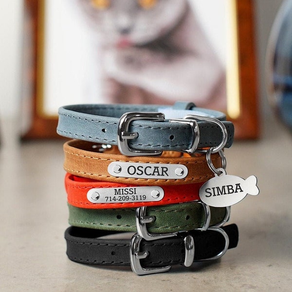 Kattenhalsband Leer, Gepersonaliseerde huisdier halsbanden voor katten, aangepaste kattenhalsband met gegraveerd naamplaatje en ID-tag, kleine kattenhalsband voor kitten