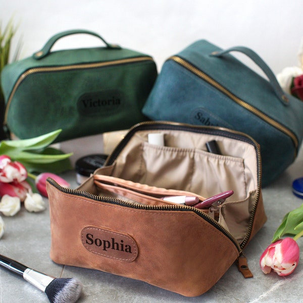 Bolsa cosmética de viaje grabada personalizada, bolsa de maquillaje perosnalizada, kit Dopp de cuero para mujeres, regalos de fiesta nupcial, bolsa de maquillaje de dama de honor