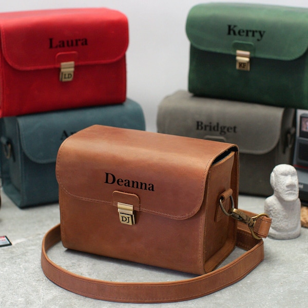 Borsa a tracolla per fotocamera personalizzata in pelle con tracolla regolabile, borse per fotocamera personalizzate per fotocamere DSLR, Mirrorless e a pellicola, regalo per fotografi