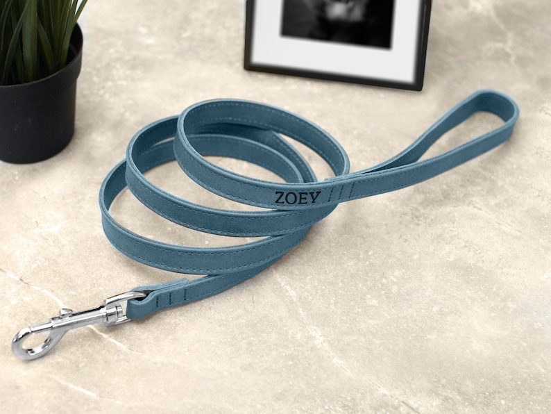 Personalized Leather Dog Leash, Durable Pet Leashes with Golden and Silver Hardware, Leather Dog Lead with Handle for Small and Large Dogs Smokey Blue