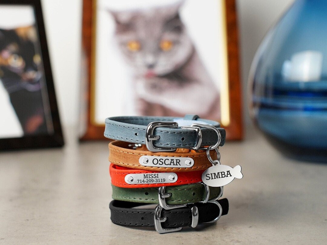 Cat Collar Leather, Personalized Pet Collars for Cats, Custom Cat