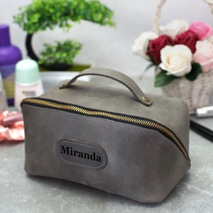 Custom Engraved Travel Cosmetic Bag, Perosnalized Makeup Bag, Leather Dopp Kit for Women, Bridal Party Gifts, Bridesmaid Makeup Bag Shadow Grey