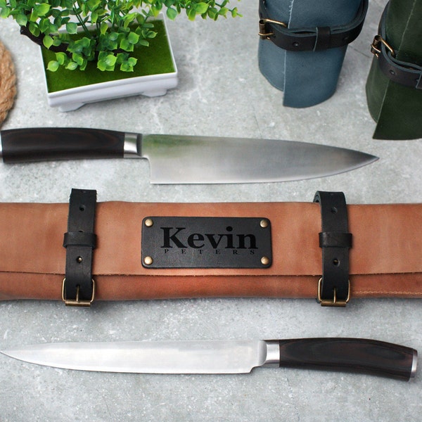 Sac à couteaux de chef personnalisé, rouleau de couteaux personnalisé, étui à couteaux en cuir, rouleau de rangement de couteaux avec fentes, cadeau pour le chef, cadeaux d'anniversaire