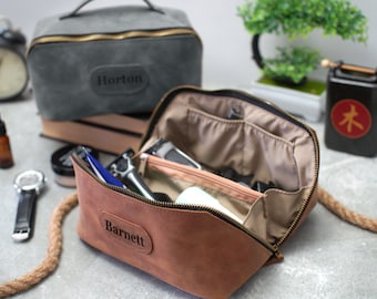 Leather Men's Dopp Kit with Convenient Access, Handle & Zipper Pocket, Personalized Toiletry Bag for Him, Custom Groomsmen Gifts