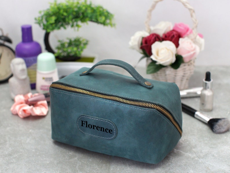 Custom Engraved Travel Cosmetic Bag, Perosnalized Makeup Bag, Leather Dopp Kit for Women, Bridal Party Gifts, Bridesmaid Makeup Bag Smokey Blue