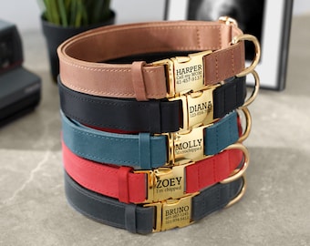 Graverat hundhalsband med metallspänne, läderhundhalsband, personligt hundhalsband i läder, specialanpassade hundhalsband, mjuka vadderade hundhalsband