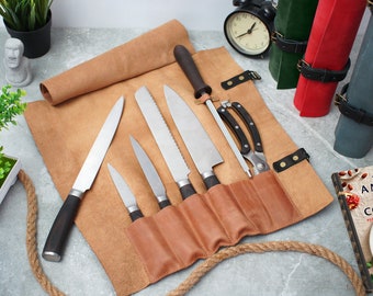 Leather Knife Roll, Personalized Chefs Knife Case, Knives Storage with Pockets, Roll Leather Organizer for Knives, Chef Bag for Knife Tools