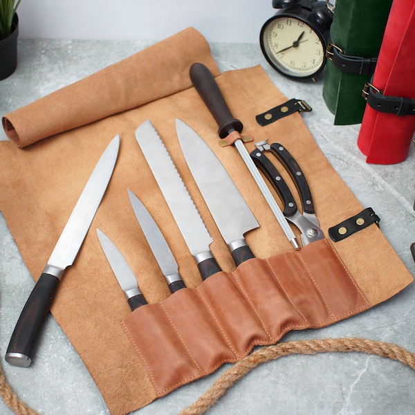 Rouleau de couteaux en cuir, étui à couteaux de chef personnalisé, rangement de couteaux avec poches, organisateur en cuir pour couteaux, sac de chef pour outils de couteau