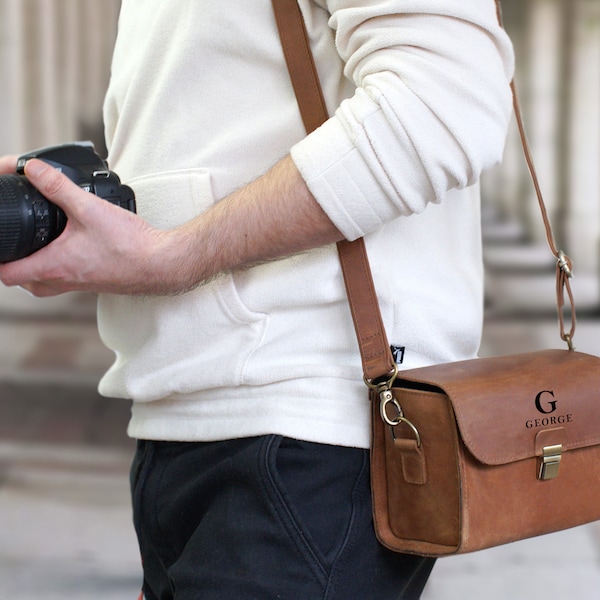 Custom Camera Bag, Engraved Genuine Leather Crossbody Camera Bag, Personalized Shoulder Camera Bag, Mini Camera Bag for Photographer
